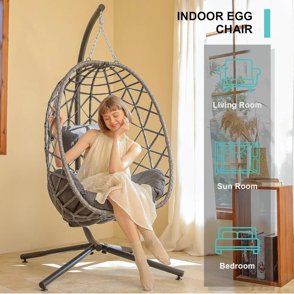 Egg Swing Chair with Stand, Outdoor Patio Hanging Egg Chair, Indoor Hammock Chair with Cushion for Garden Backyard image 4