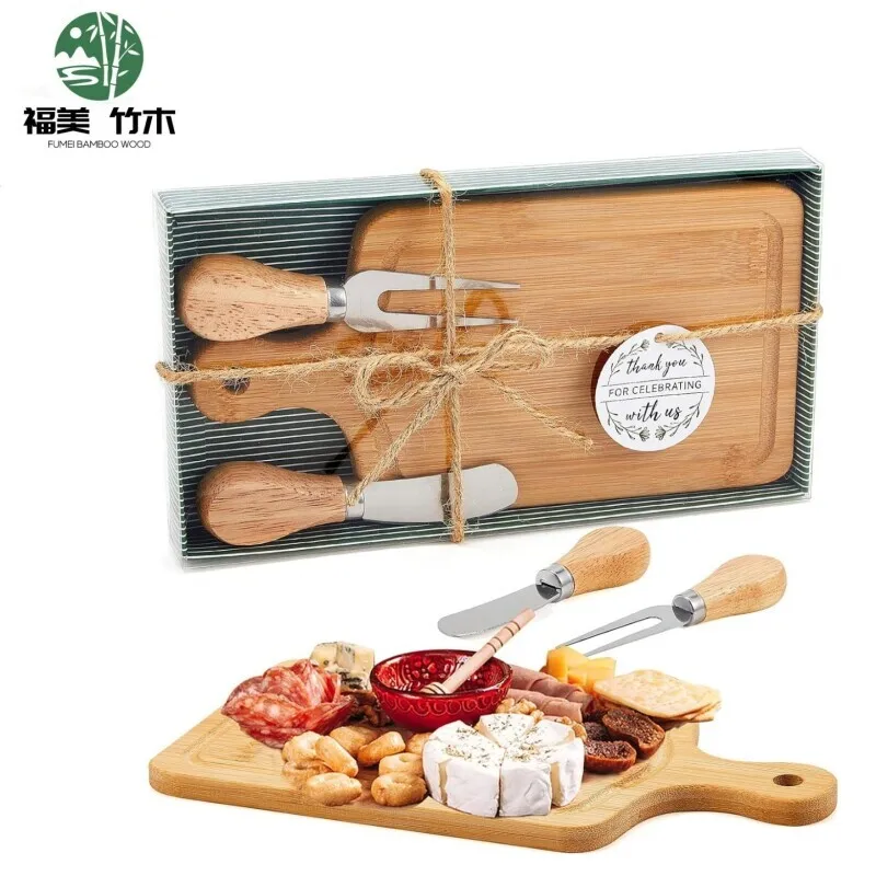 1 set of wooden square cheese board gift set for bride's gift party, knife and fork, thank you label