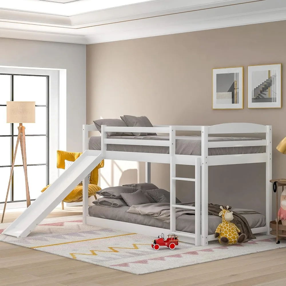 Solid Wood Twin Over Twin Low Bunk Bed w Slide, Safety Guard Rails, Wooden Twin Bunk Beds, Low Bed Frame Bedroom Furniture