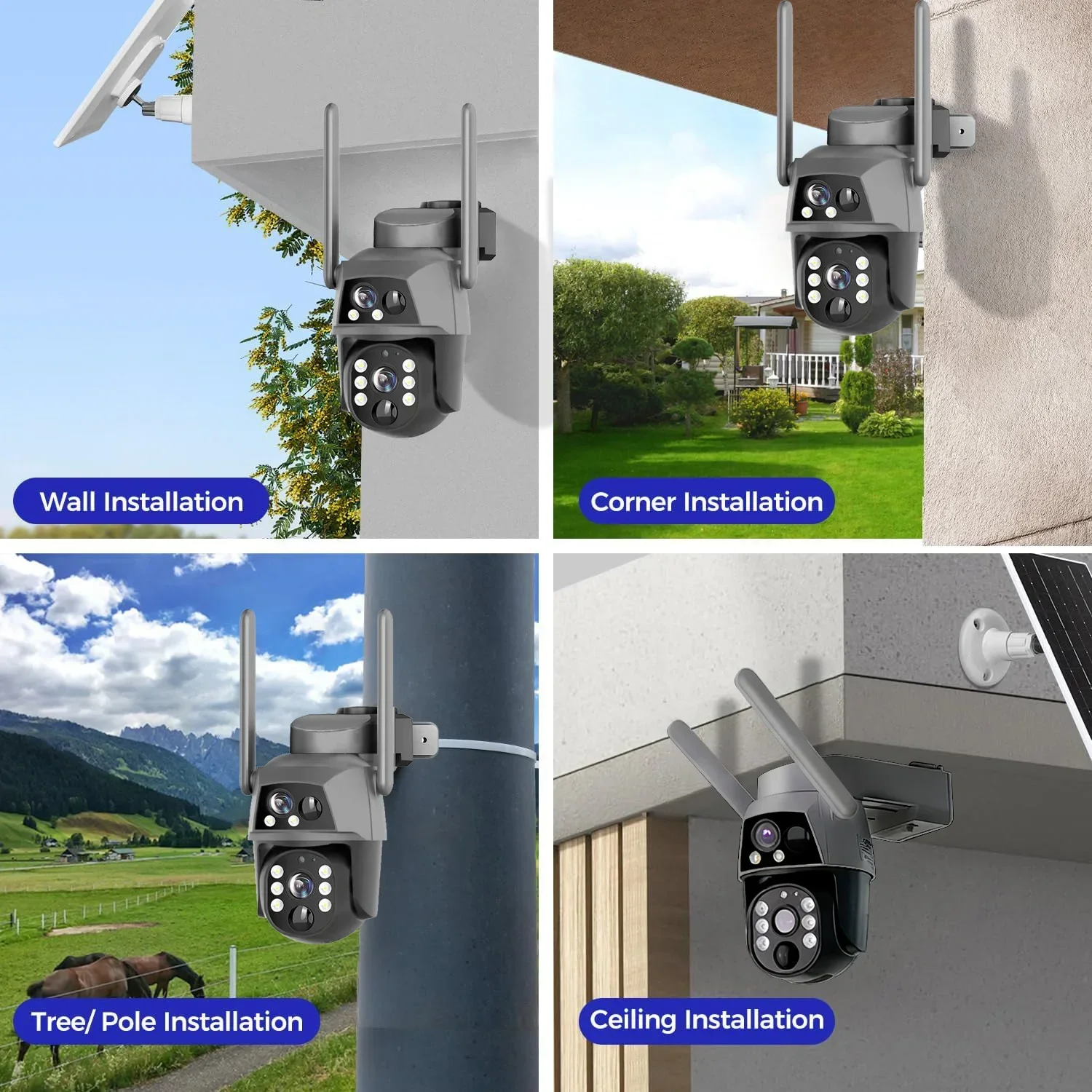 4G LTE Solar PTZ Camera, 100% Wireless WiFi Outdoor, 8MP Dual-Lens with Auto-Tracking, 2K Color Night Vision, IP66 Weatherproof