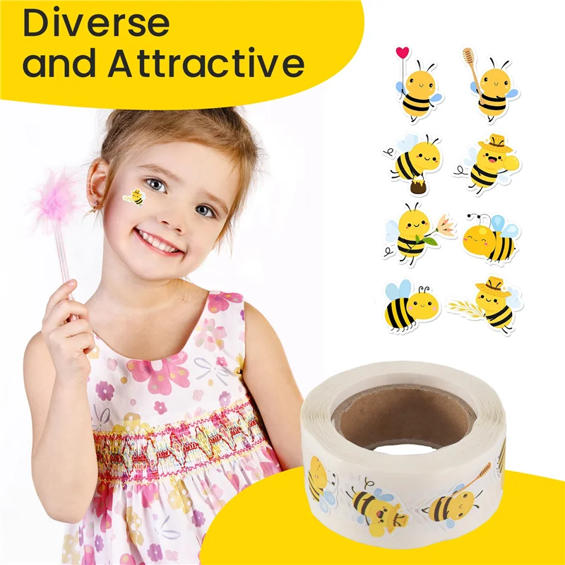 لفة ملصقات النحل - 500 قطعة من ملصقات رياض الأطفال اللطيفة لهدايا عيد الميلاد واللوازم المكتبية والحرف اليدوية