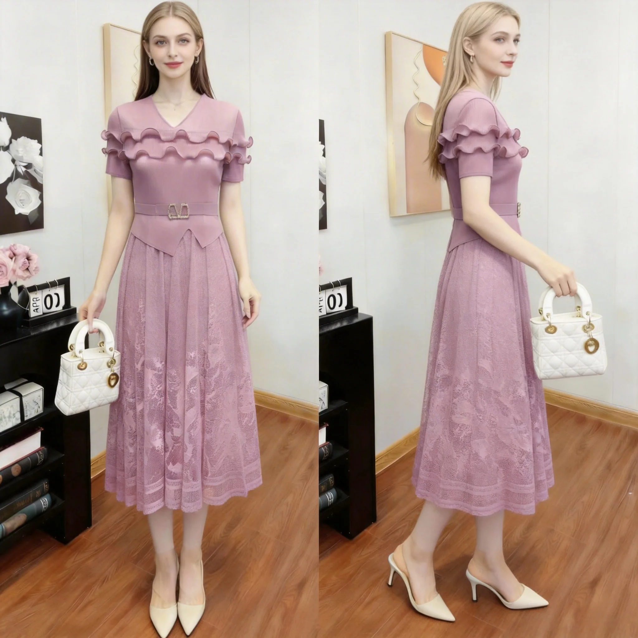 

Miyake Pleated Fashionable Temperament High-end Lace Dress Big Swing Skirt Waist Cinching Slimming Autumn and Winter New Dress