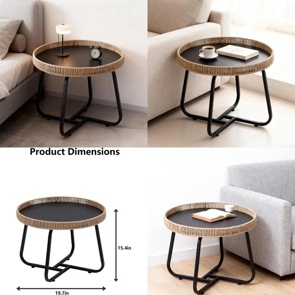 

Современный круглый приставной столик из коричневого ротанга длиной 50 см с металлическим каркасом для гостиной, спальни и офиса