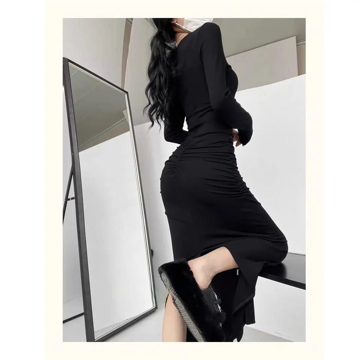 

Облегающее платье с длинным рукавом и низким вырезом, сексуальное, для пышных девушек, с завышенной талией, А-силуэт, из полиэстера, для зимнего сезона, подчеркивающее фигуру