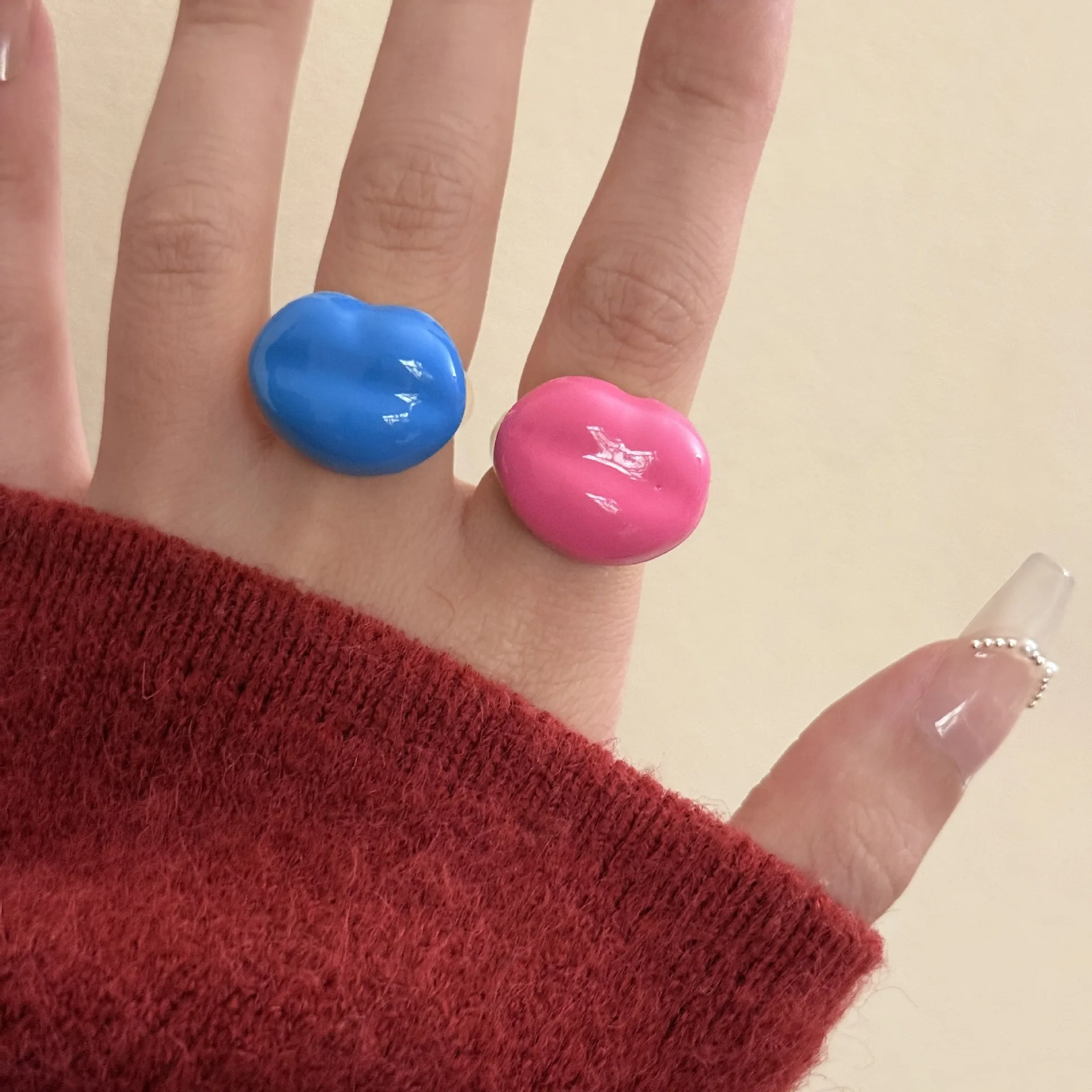 Colorful Oil Dripping Enamel Ring Irregular Crystal Lips Shaped Rings for Women Girls Sweet Cute Finger Jewelry Gift