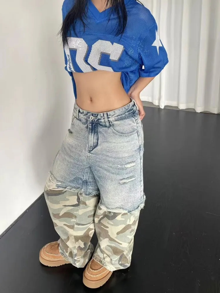 Jeans Men's and Women's Camouflage Patchwork Washed Hole Design Jeans 2025