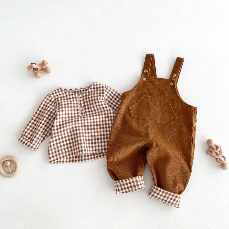 

MiniAinis Autumn New Boys Long Sleeve Grid Bottom Layer Shirt Children Solid Color Overalls Kids Plaid Tops Cotton Pants Clothes