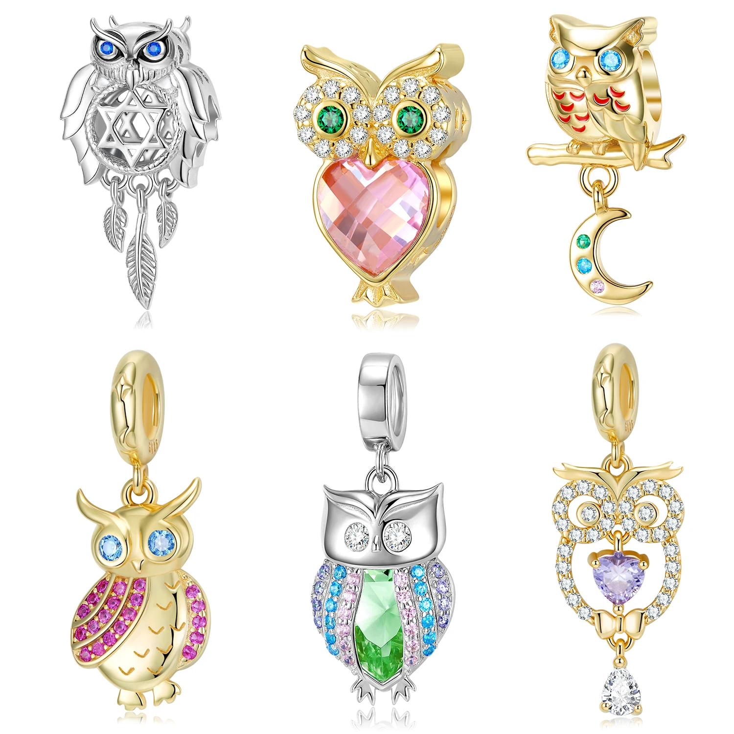 

JIUHAO 925 Sterling Silver Colored Zircon Owl Silver Original Charm for Brand DIY Jewelry DIY Bracelet Make Women Girl Gift