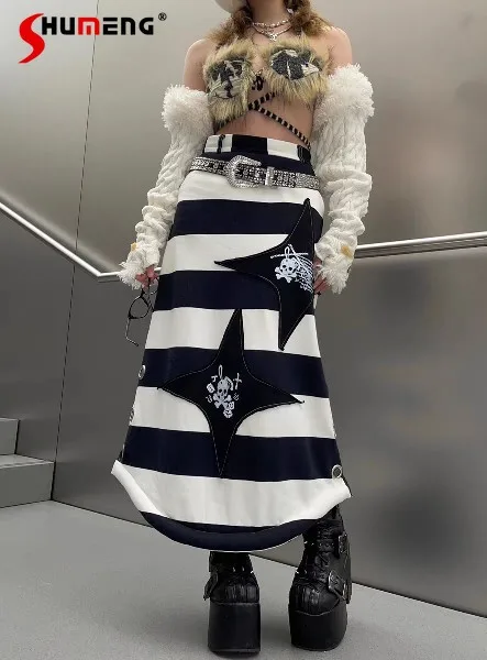 

Autumn New Arrival Gothic Rock Japanese Punk Black White Striped Skull Print Long Skirt Rivet Straight Tube Skirt Half Skirts