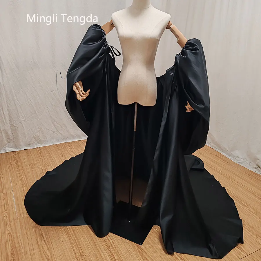 Mingli Tengda Black Satin Puffy Sleeved Cape Wedding Jacket Charming Bridal Detachable Trian Women Cloak Coat Bride Shawl