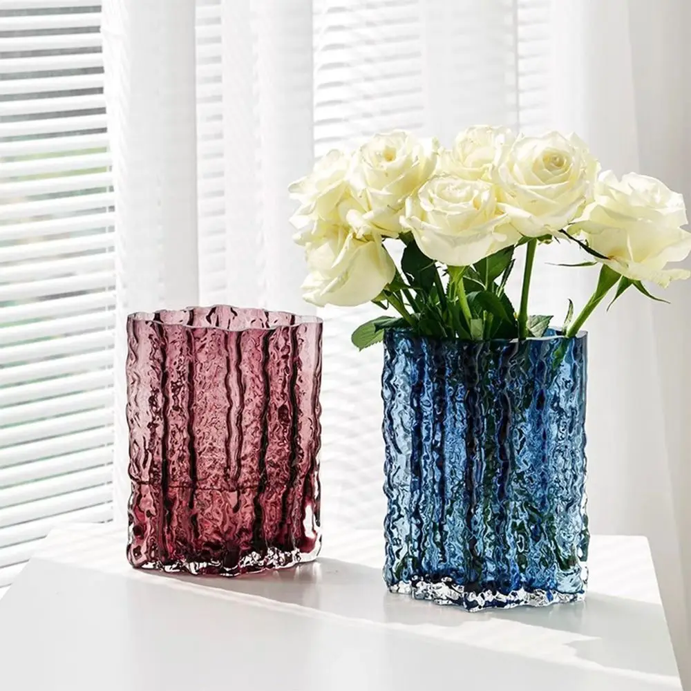 Ins Transparent Flower Vase Ornaments Large-caliber Glacier Pattern Light Luxury High-end Water Vase Flower Storage Container