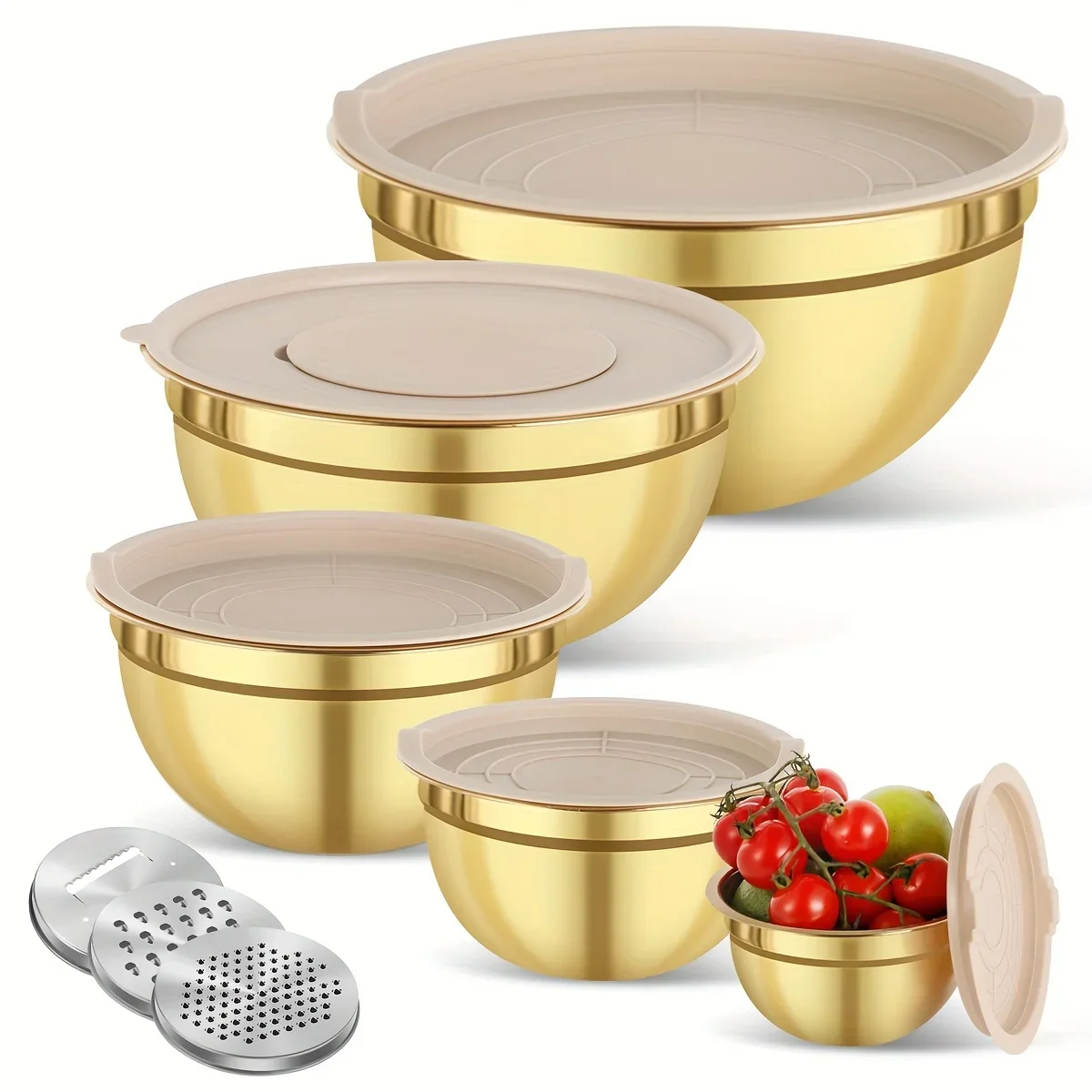 Juego de tazones para mezclar de acero inoxidable dorado de 10 piezas con tapa y sacapuntas: perfecto para hornear, cocinar, ensaladas | limpieza de lavavajillas