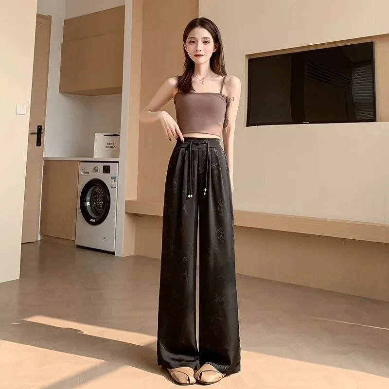 

Summer New Buckle Satin Jacquard Wide Leg Pants Women's Fashion Loose High Waist Slimming Hose Casual Trousers