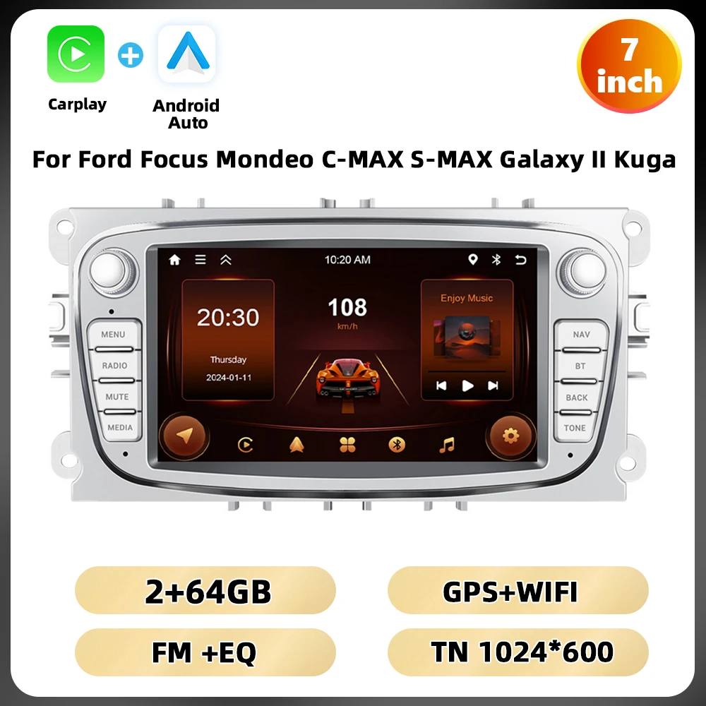 Podofo 7 ''Android Multimedia Speler Voor Ford Focus Mondeo C-MAX S-MAX Galaxy Ii Kuga Gps Navigatie 2 64G Carplay Android Auto