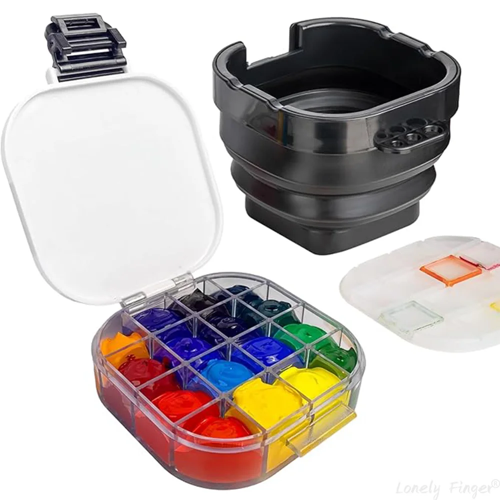 

[БЕЗ красок] 16-лунковая палитра красок, герметичная коробка для хранения палитры с крышкой и складной кистью для акварели