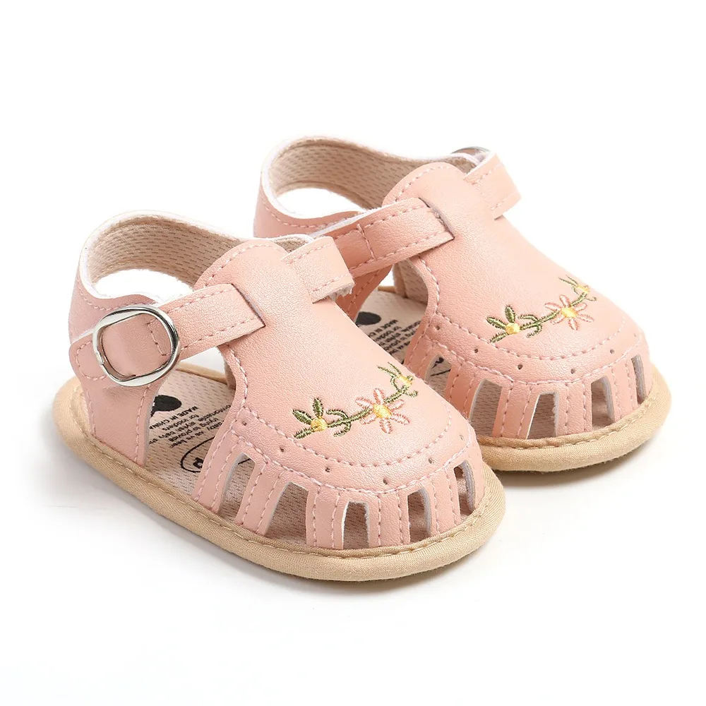 2024 Newborn Baby Girl Sandals Summer Embroidered Leisure Comfortable Lightweight Floral Soft Sole Wrap Toe Sandals For 0-18M