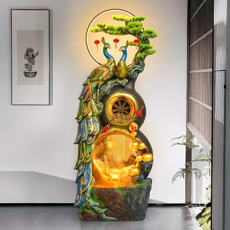 Peacock circulation water curtain wall floor to attract wealth, living room entrance decoration water generation wealth opening