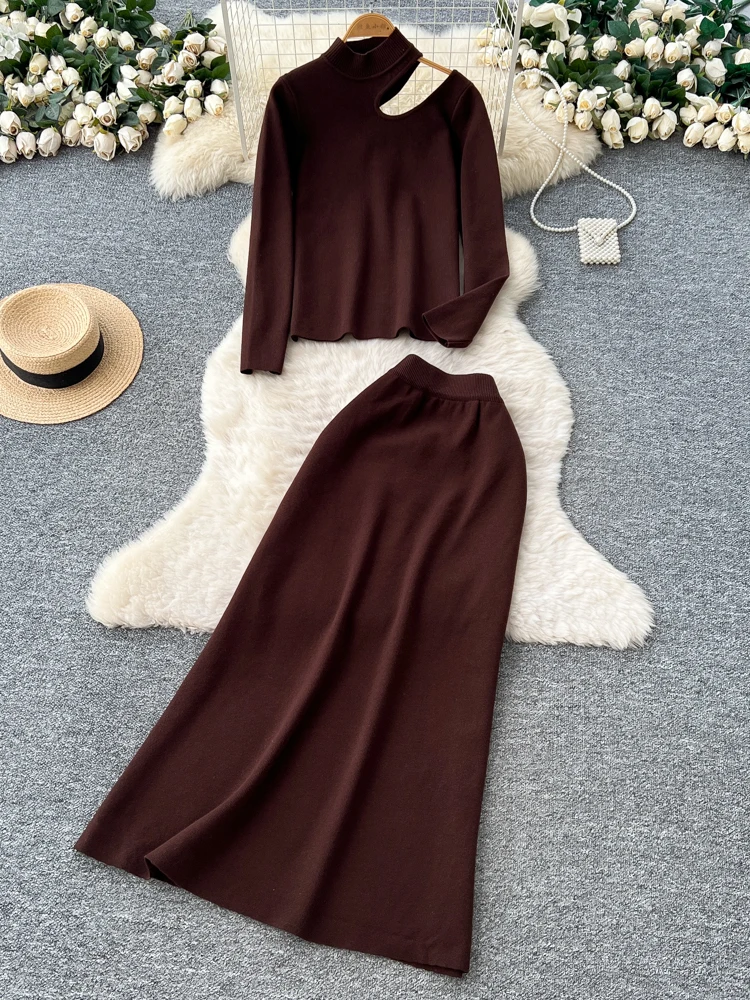 سترة نسائية محبوكة طويلة من Laid-ba Sle وتنورة تنحيف عالية الخصر طقم ملابس خريفية #4