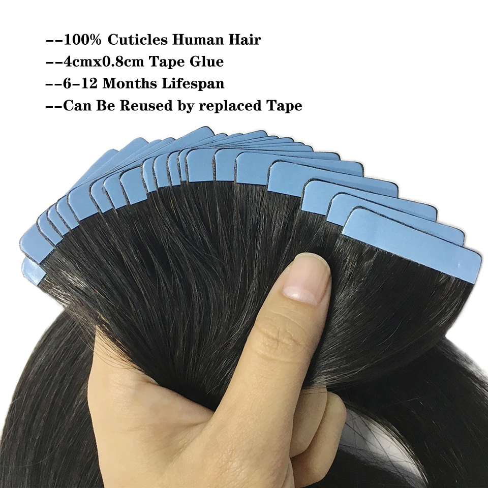 Tape In Straight Human Hair Extensions 16-26inch Brazilian Hair Adhesive Extensions Skin Weft #1B 100% Real Human Hair for Women