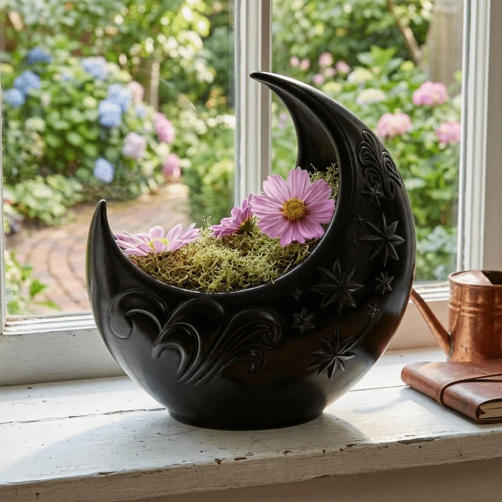 Embossed Star Pattern Crescent Moon Flower Pot Plastic 3D Printing Moon Shaped Storage Box Decorative Plants Flower Pot Office