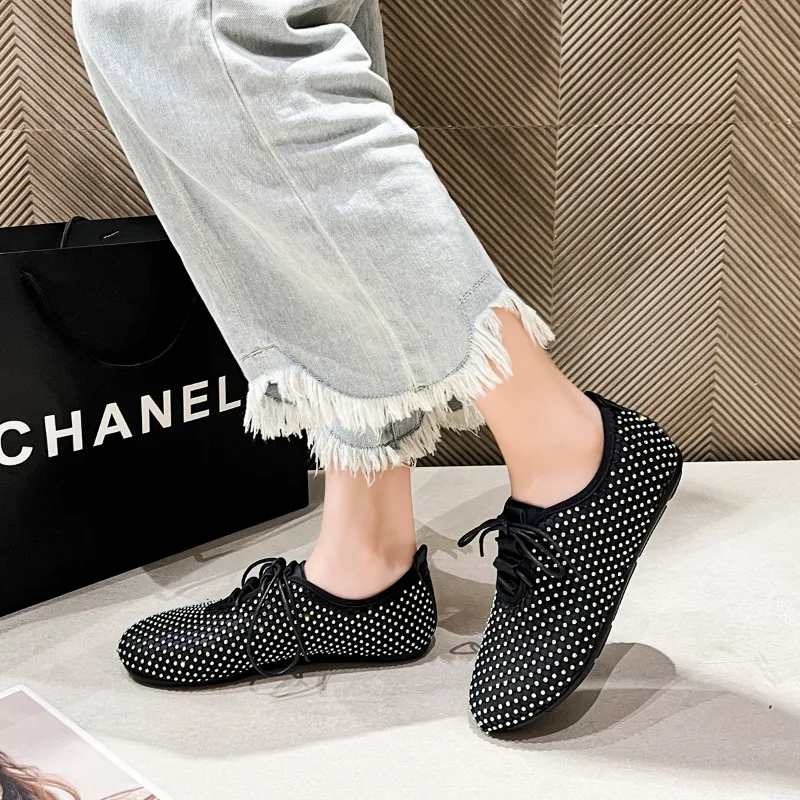 2024 New Fashion Simple Women\'s Rhinestone Lace Up Elegant Solid Color Latin Dance Flat Shoes