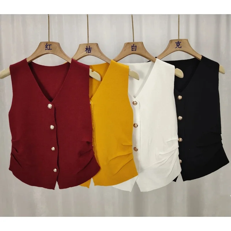 Womens Gold Button Front Vest V-Neck Ruched Waist Sleeveless Knit Jacket Casual Chic Spring Summer 2025 Trendy Outfit