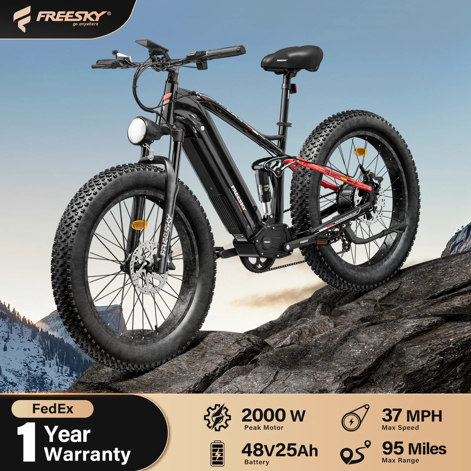 

FREESKY 48V 25Ah 2000W Electric Bike for Adults, 37MPH & 95Miles Range,Fat Tire Full Suspension Electric Mountain Bike,7 Speed