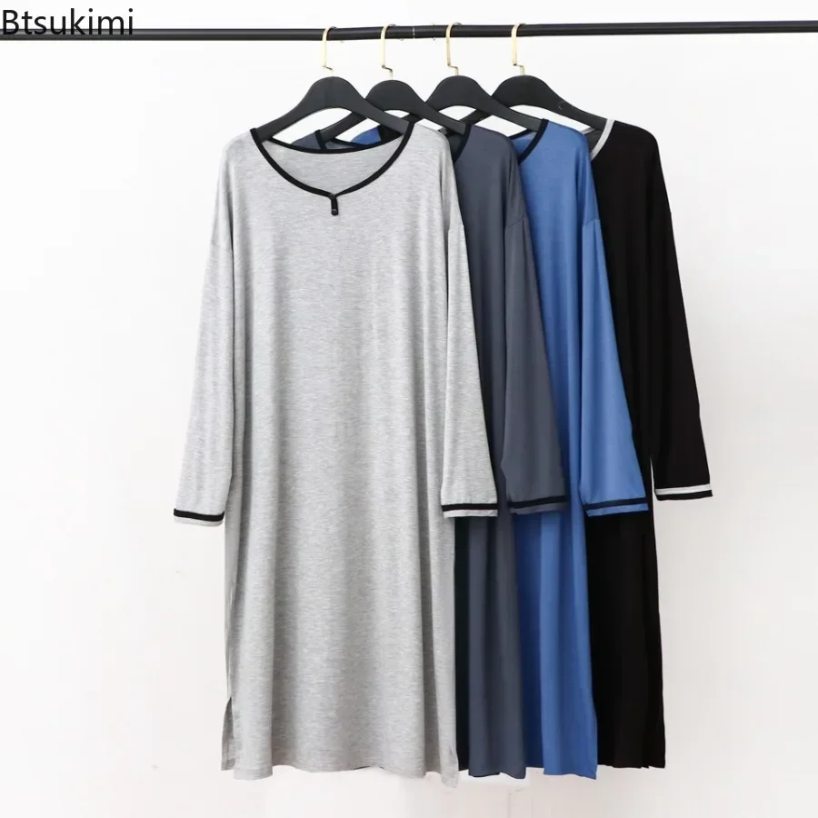 

2025 Spring Summer Men's Modal Robes Pajamas Shower Mid-long Knee Length Thin Bathrobe Loose Plus Size Man Homewear Sleep Dress