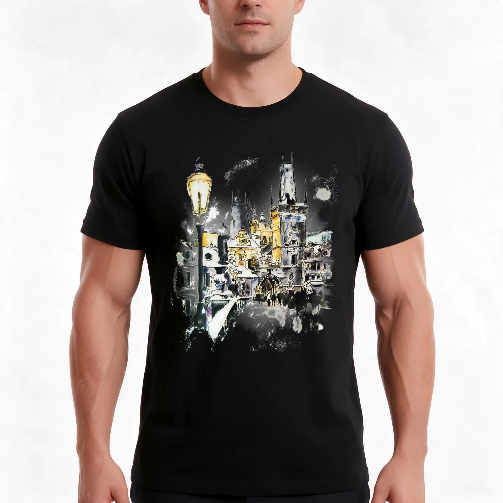 Charles Bridge in winter T-Shirt, Summer Casual Cotton Tee, Oversized Streetwear Tops, Vintage Graphic Print, Unisex Men Women