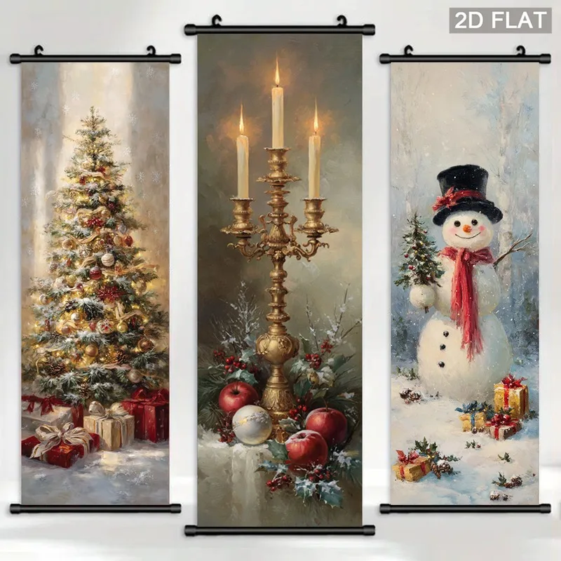 VIKAMA 3PCS Christmas Wall Hanging Set, Vintage Ski Pinecone Rustic Scroll Banner for Xmas Porch Decor