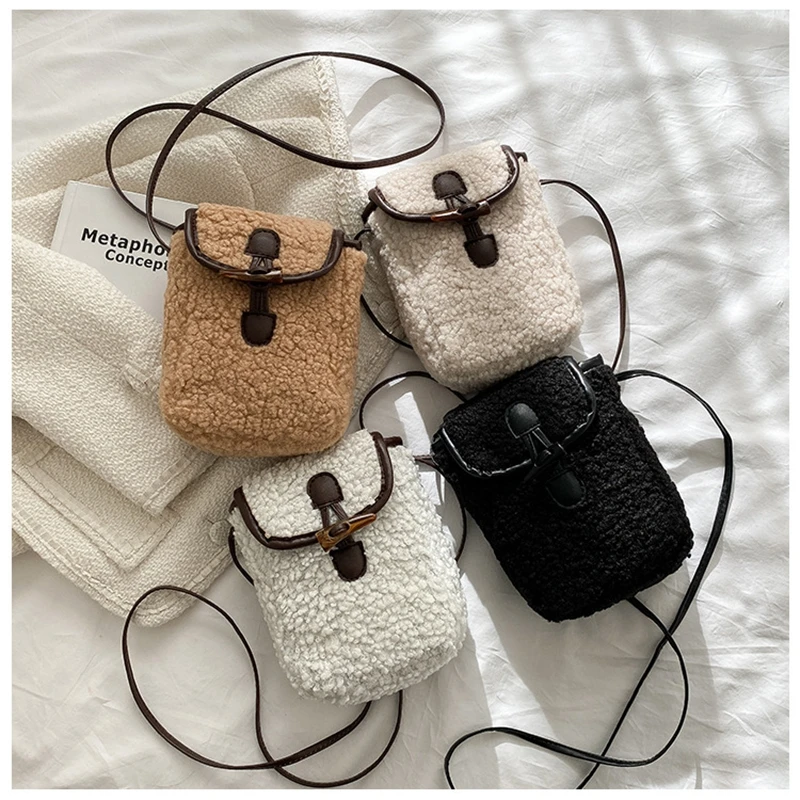 Women's Niche Design Ins Soft Lamb Plush Bag Cute Autumn Winter New Female Bags Popular Explosion Simple Crossbody Phone Bags