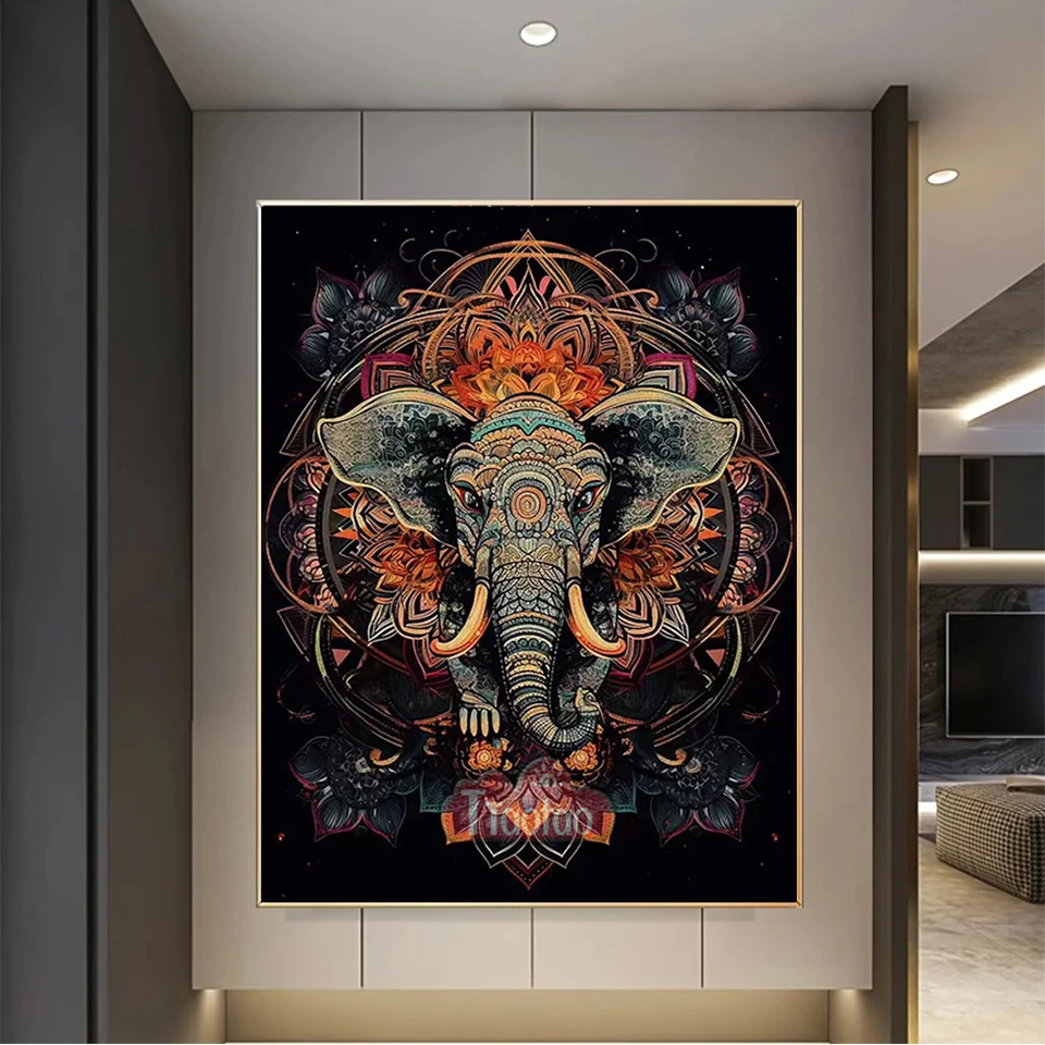 Abstract Art Mandala Flower Animal Cross Stitch Diamond Painting 5D Full Square Round Mosaic Wolf Elephant Picture Decor Gift