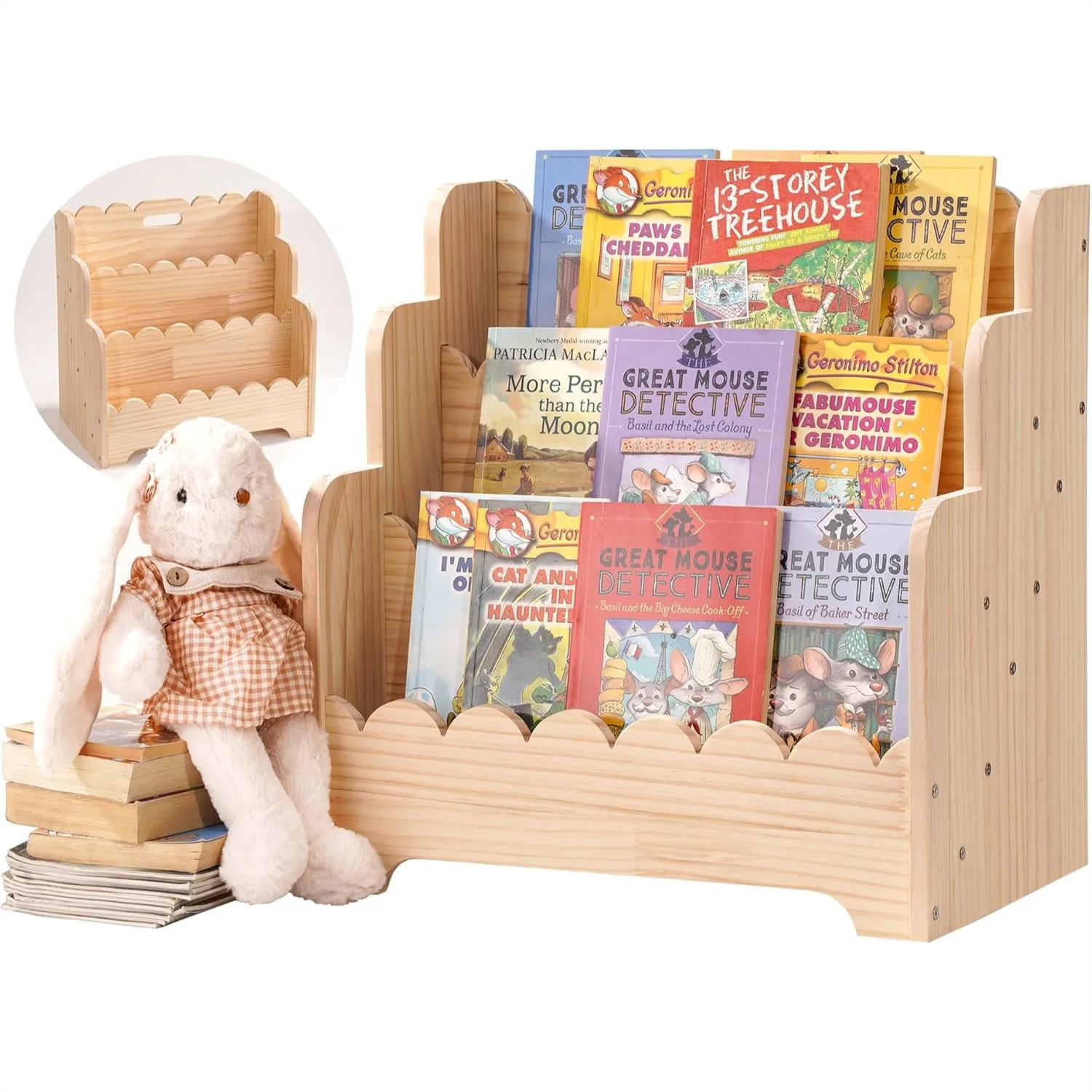 

Kids Bookshelf Storage 3-Tier, Solid Wood Bookcase for Toddlers, Scalloped Montessori Bookshelf for Nursery & Classroom, Easy