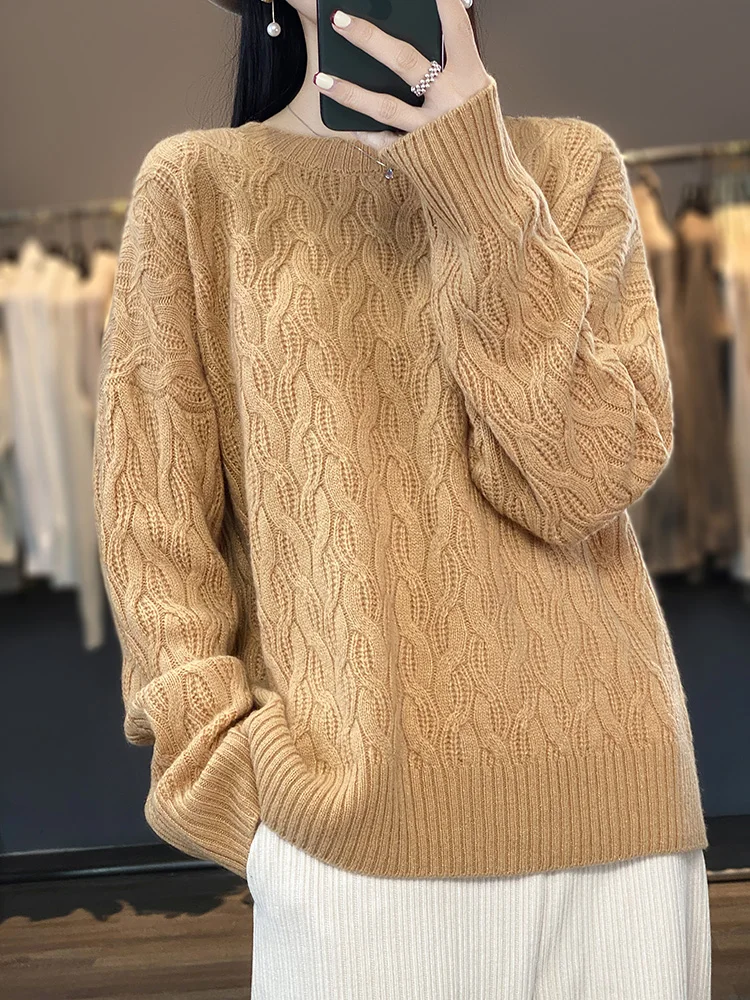 

Autumn Winter 100% Merino Wool Women's Pullover Clothing Tops Casual Loose O-Neck Cable Stitch Warm Soft Comfortable Long Sleeve