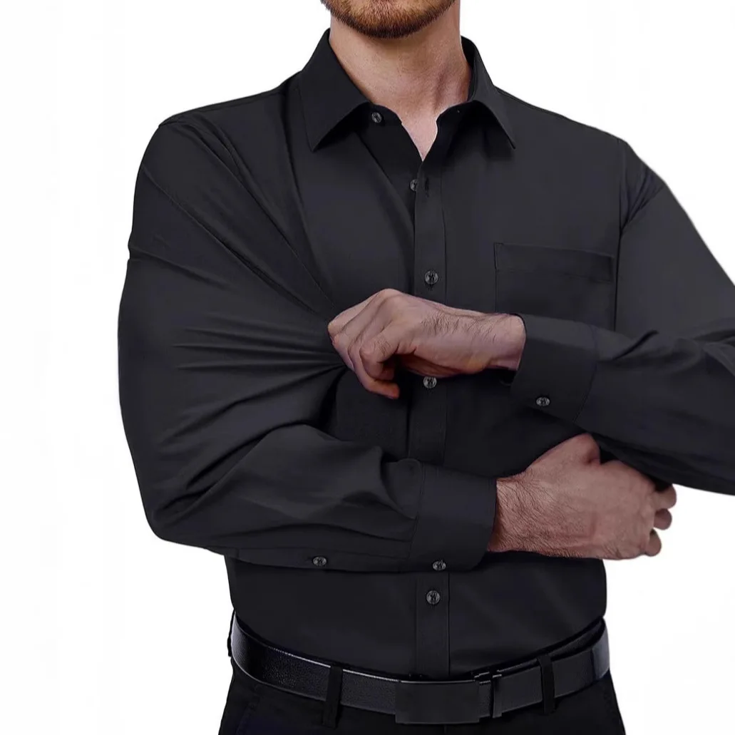 Men's Solid Color Long Sleeve Fashion Non Iron Wrinkle Resistant Business Commute Simple Versatile Breathable Pocket Decor Shirt