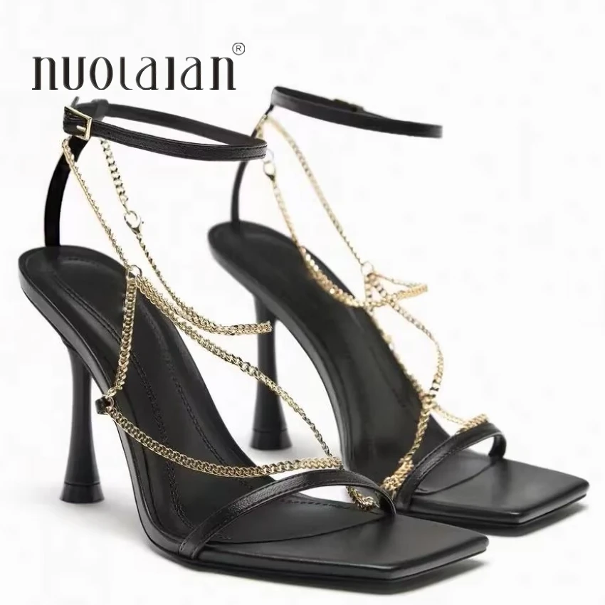 2024 Gladiator Sandals Summer High Heels Sandal Shoes Fashion Gold Chain Sexy Thin High Heel Pumps Square Toe Shoes Women