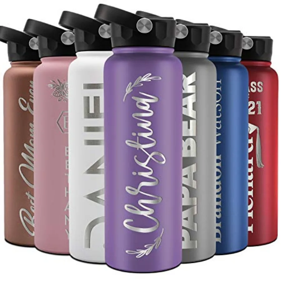 Personalized Water Bottle w/Straw Lid, Double-Wall Insulated - 12 Designs - 8 Colors Custom Water Bottle w Name, Text - Double