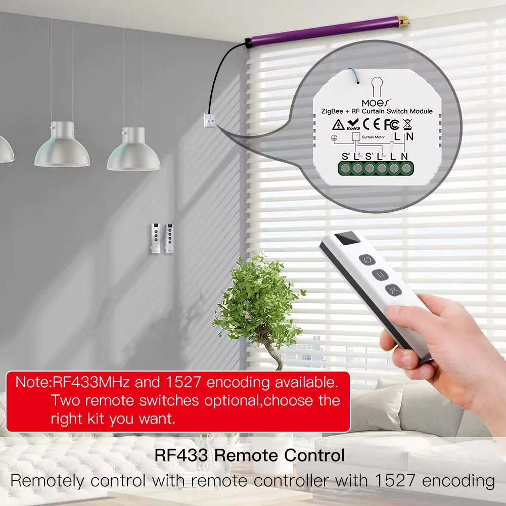 

Умный выключатель для штор RF433 MOES ZigBee DIY, модуль для моторизованных рулонных штор, управление через приложение Smart Life, совместим с Alexa и Google Home