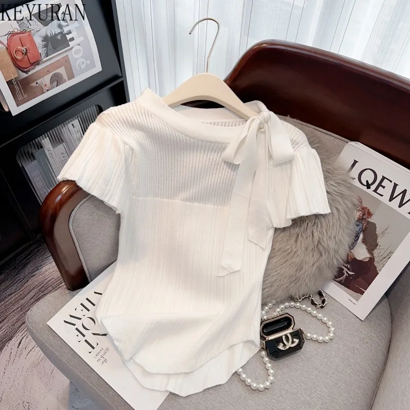 Summer Sweet Slim Ice Silk Knit T-shrit Sweater Women Lace-up Collar Hollow Out Short Sleeve Sweater Pullover Knitwear Tops Tees