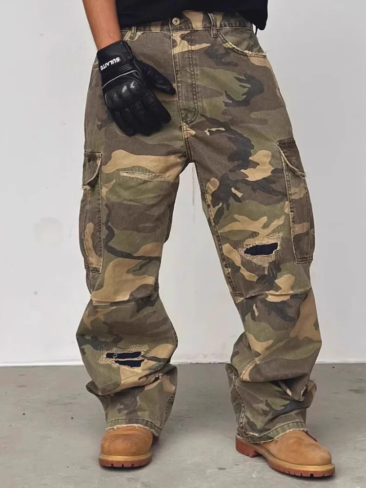 

Men's Camouflage Cargo Jeans Spring Autumn Multiple Pockets Straight Leg Denim Pants American Casual Fashion Retro Trousers