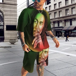 Bob Marley mężczyźni trening strój muzyka rockowa piosenkarka zestaw koszulek moda uliczna szorty 2 sztuka Reggae strój 6xl