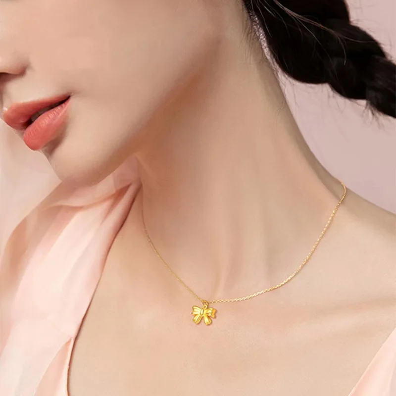 18k Pure Gold Color Solid Bow Necklace Pendant for Women Lucky Yellow Gold Chain Necklaces Engagement Wedding Fine Jewelry Gift