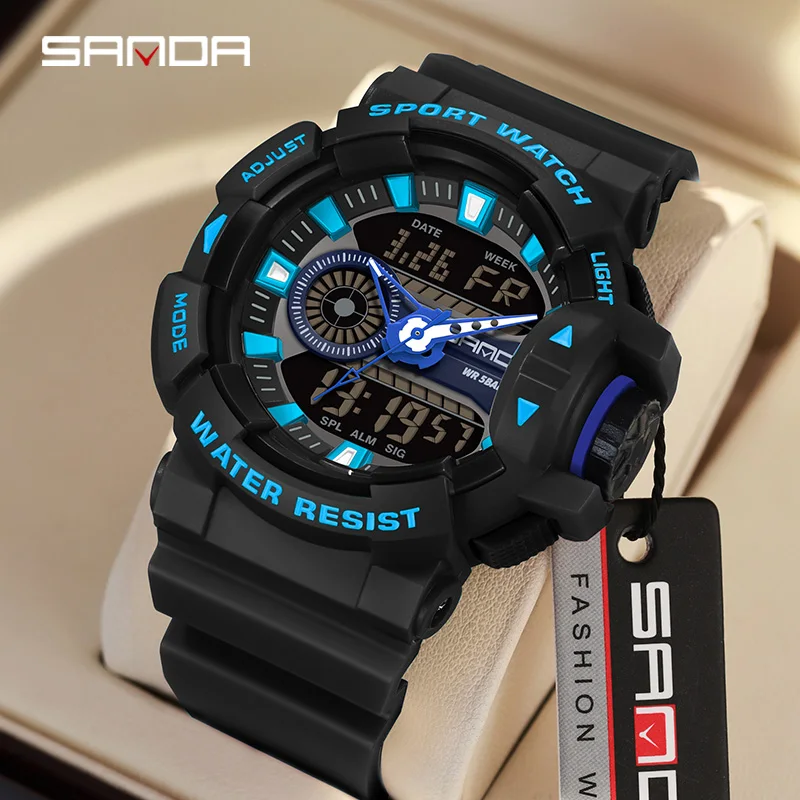 SANDA  Dazzling Brand Dual Display Watch Waterproof Sport Military Stopwatch Calendar Luminous Watch Quartz Electronic Watch