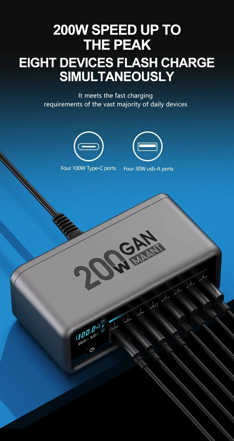

MaAnt MT-P200 Зарядная станция из нитрида Gan, 200 Вт, 8-слойная защита, автоматическое распределение питания, ЖК-дисплей для безопасной быстрой зарядки