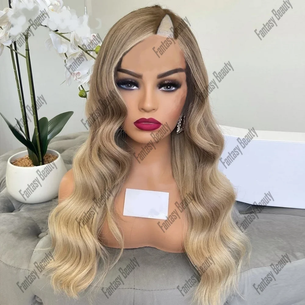 

Ash Blonde Ombre Glueless Loose Wave V Part Wig Human Hair for Women Full Machine Made Wigs 1*4 U Part Wig 100 % Human Hair