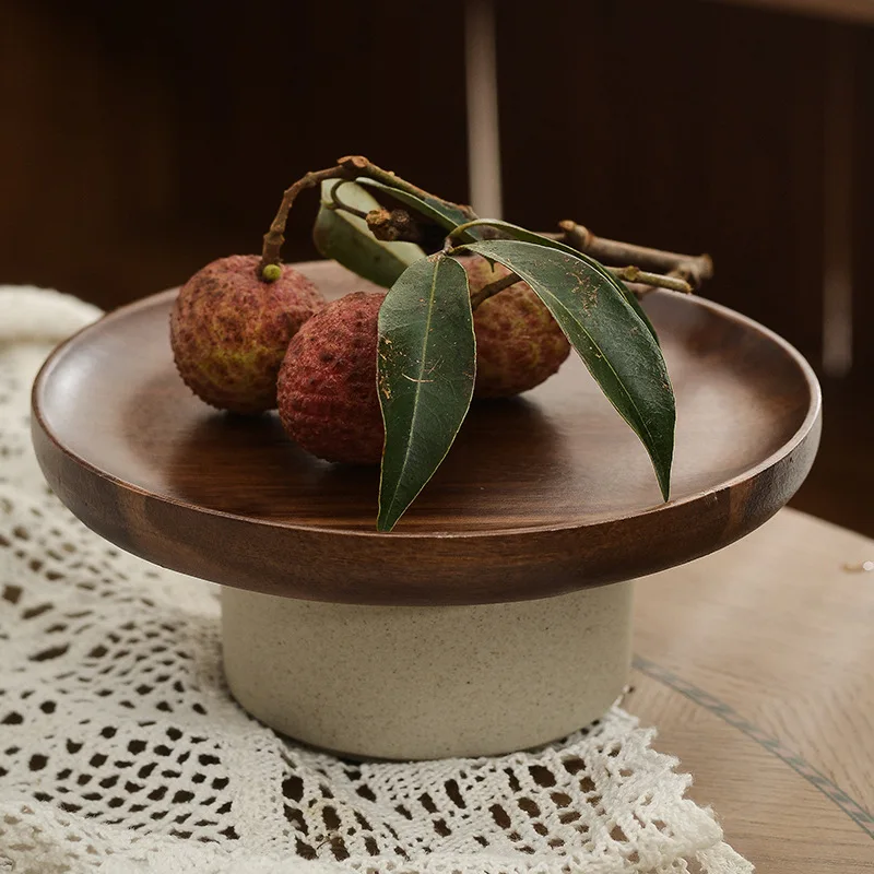 Vintage Round Acacia Wood Cake Tray Family Living Room Dessert Tray Table Display Rack Clay Base Footer Compote