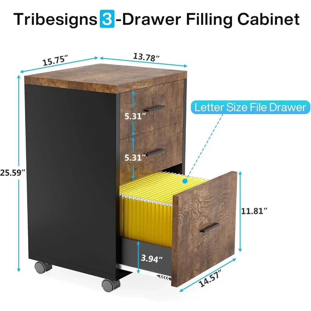 L-Shaped Desk, Large Office Desk with 3-Drawer Mobile File Cabinet, Industrial Corner Computer Desk with Storage Drawers