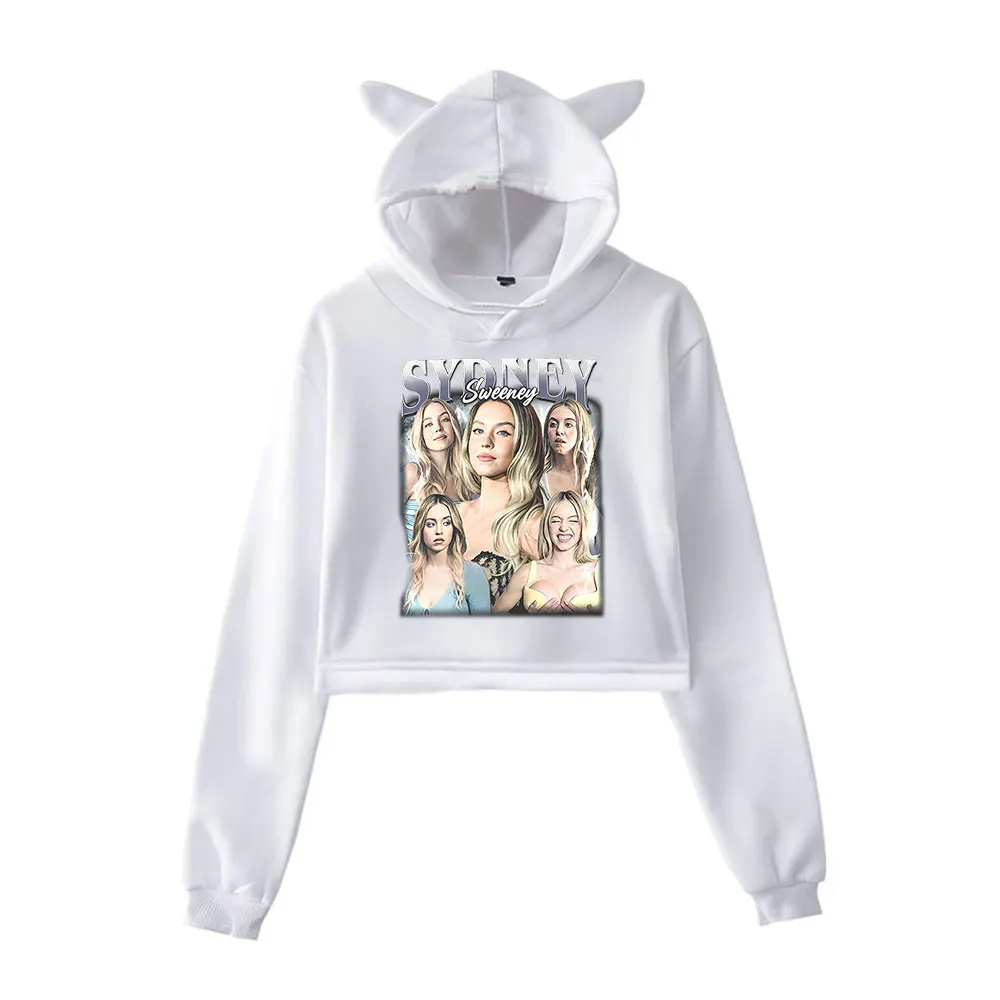 Sydney Sweeney Vintage 90s Streetwear logo Hoodie Merch Hoodies Sweatshirts for Girls Cat Ear Crop Fashion Sports Pullover