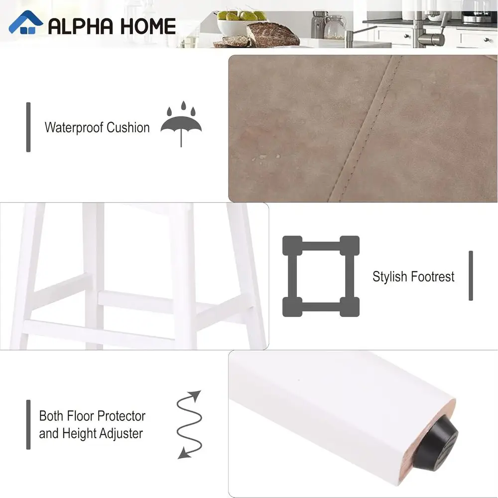 Par de bancos de bar de madeira maciça de 24 polegadas com almofadas de couro PU bege para áreas de cozinha e jantar