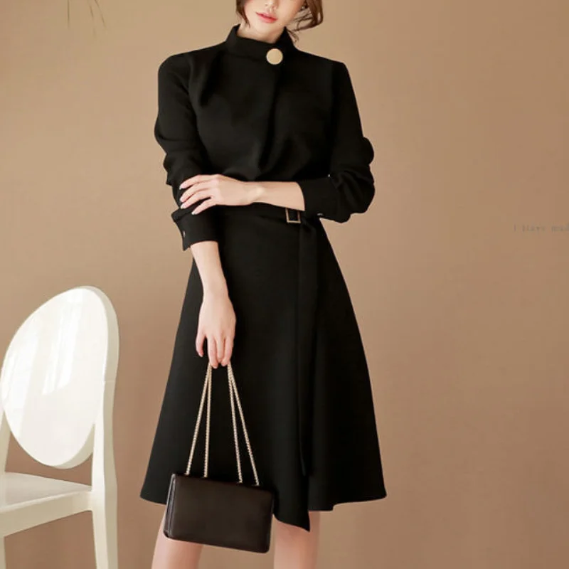 

Women Autumn Winter Korean New Stand Collar Pullover Dress Fashion Elegance Upscale Zipper Tied Long Sleeve Pleated A-line Skirt